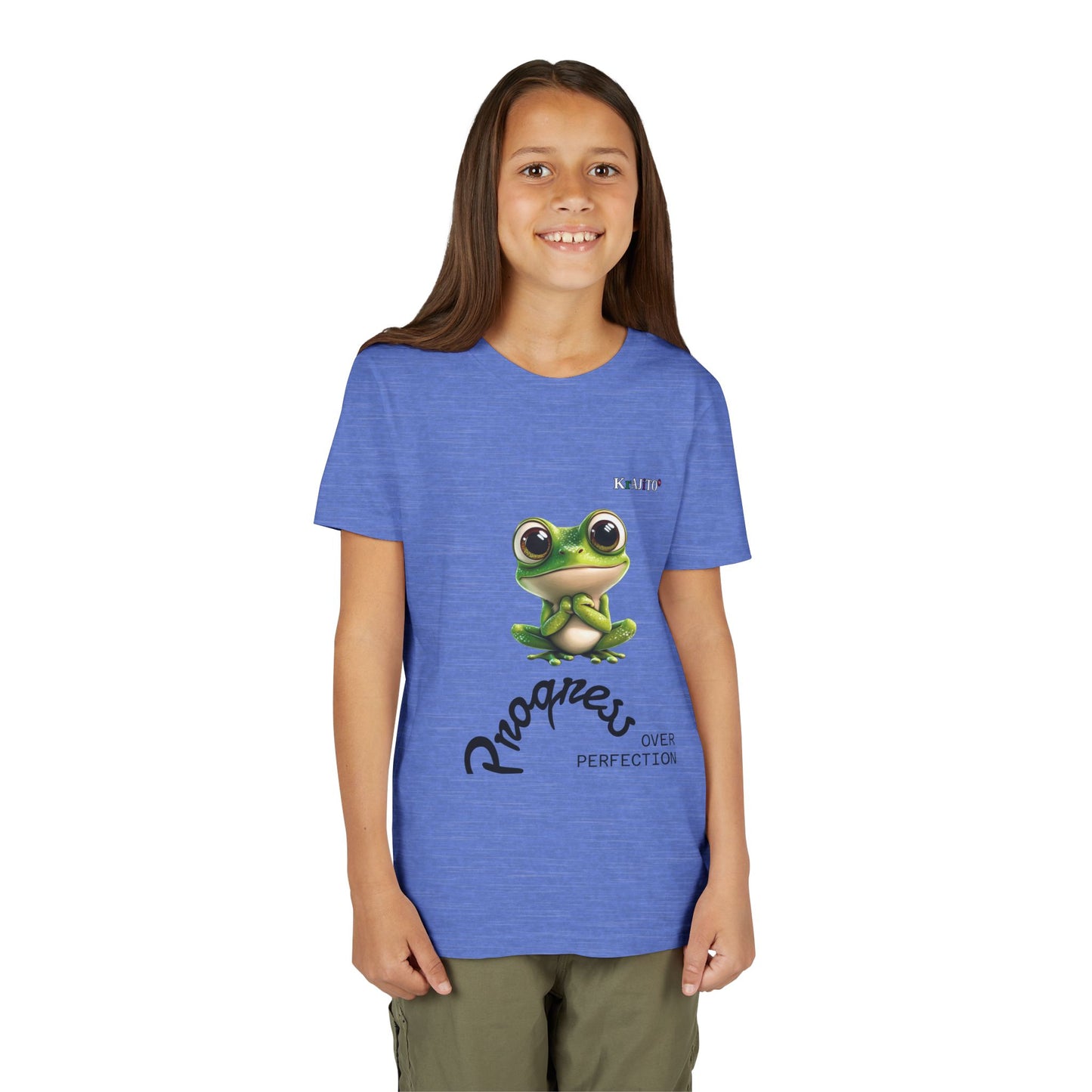 Progress Over Perfection Youth Tee, Cute, Coquí T-Shirt for Kids, Motivational Puerto Rican Design, Krajito Brand