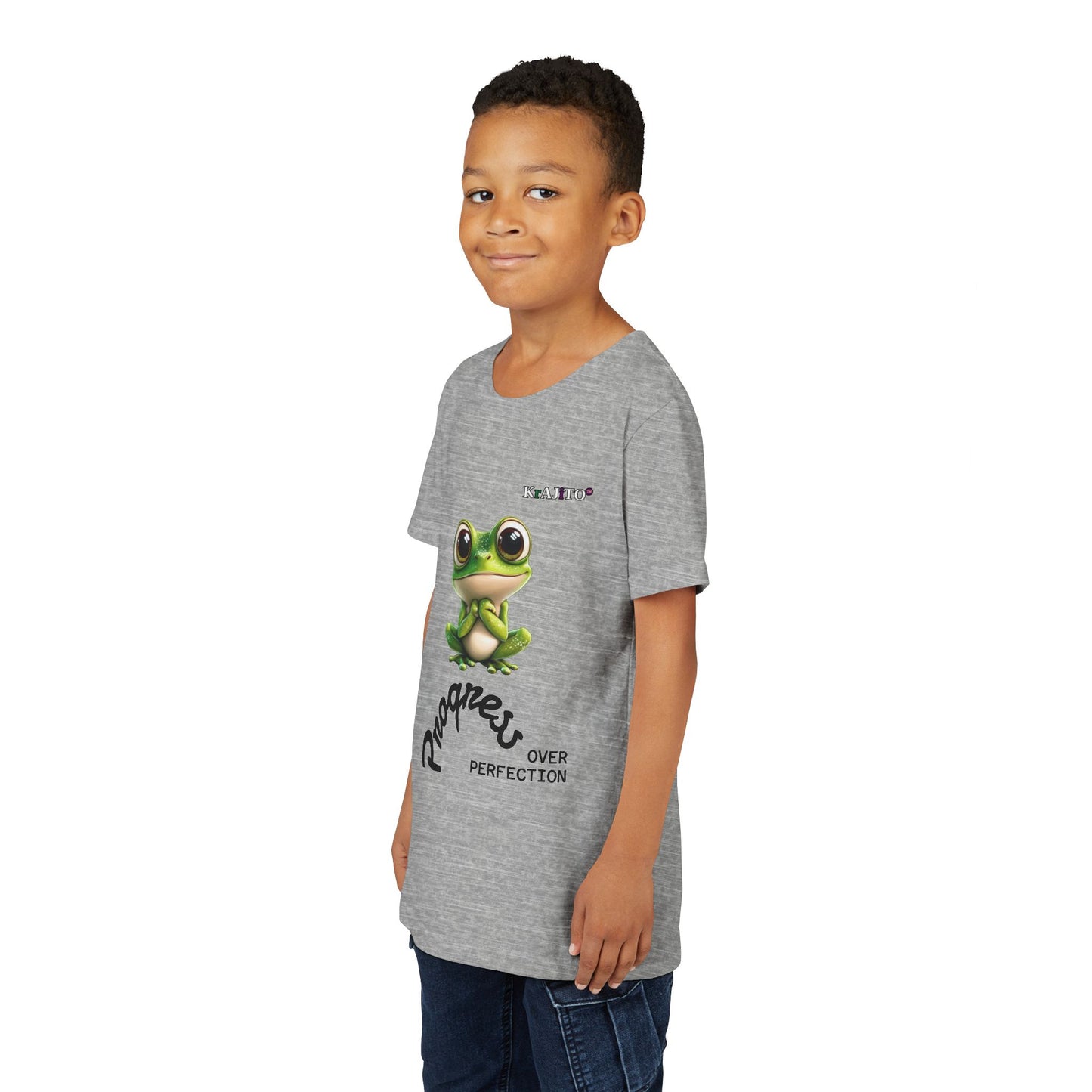 Progress Over Perfection Youth Tee, Cute, Coquí T-Shirt for Kids, Motivational Puerto Rican Design, Krajito Brand