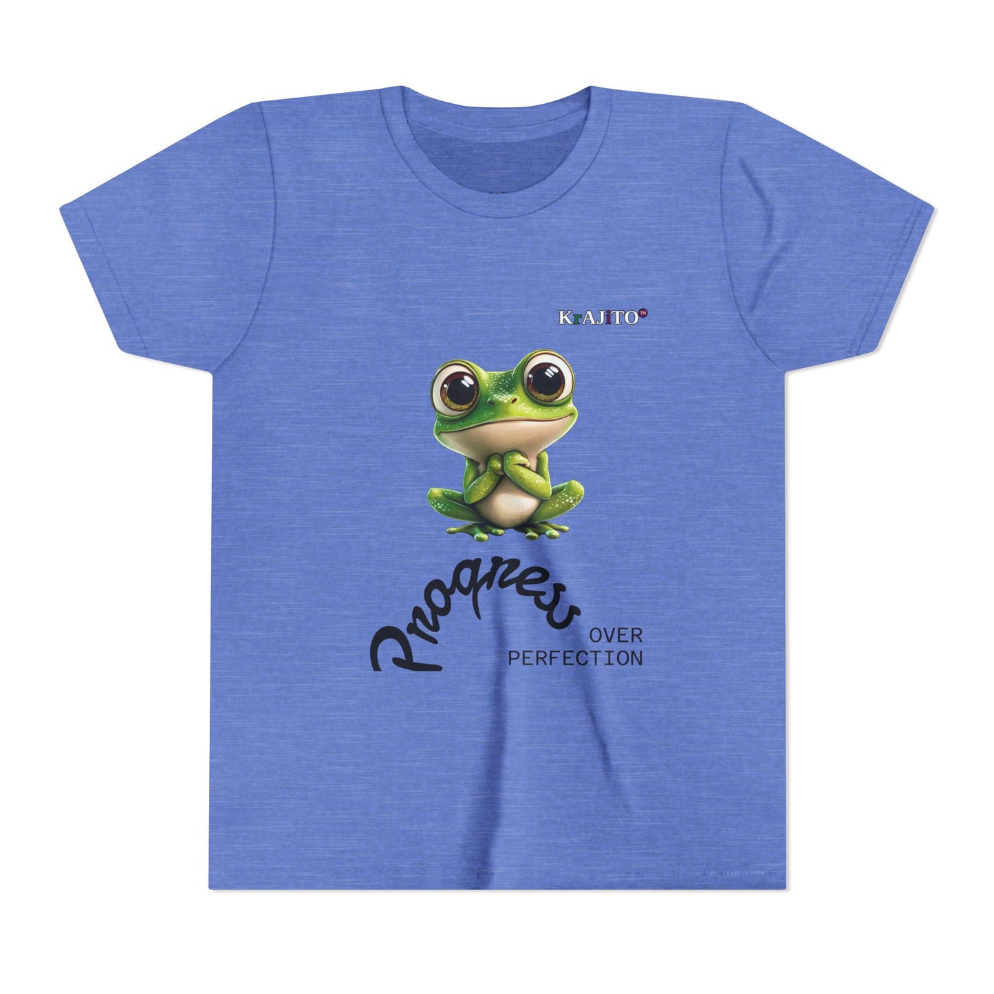 Progress Over Perfection Youth Tee, Cute, Coquí T-Shirt for Kids, Motivational Puerto Rican Design, Krajito Brand