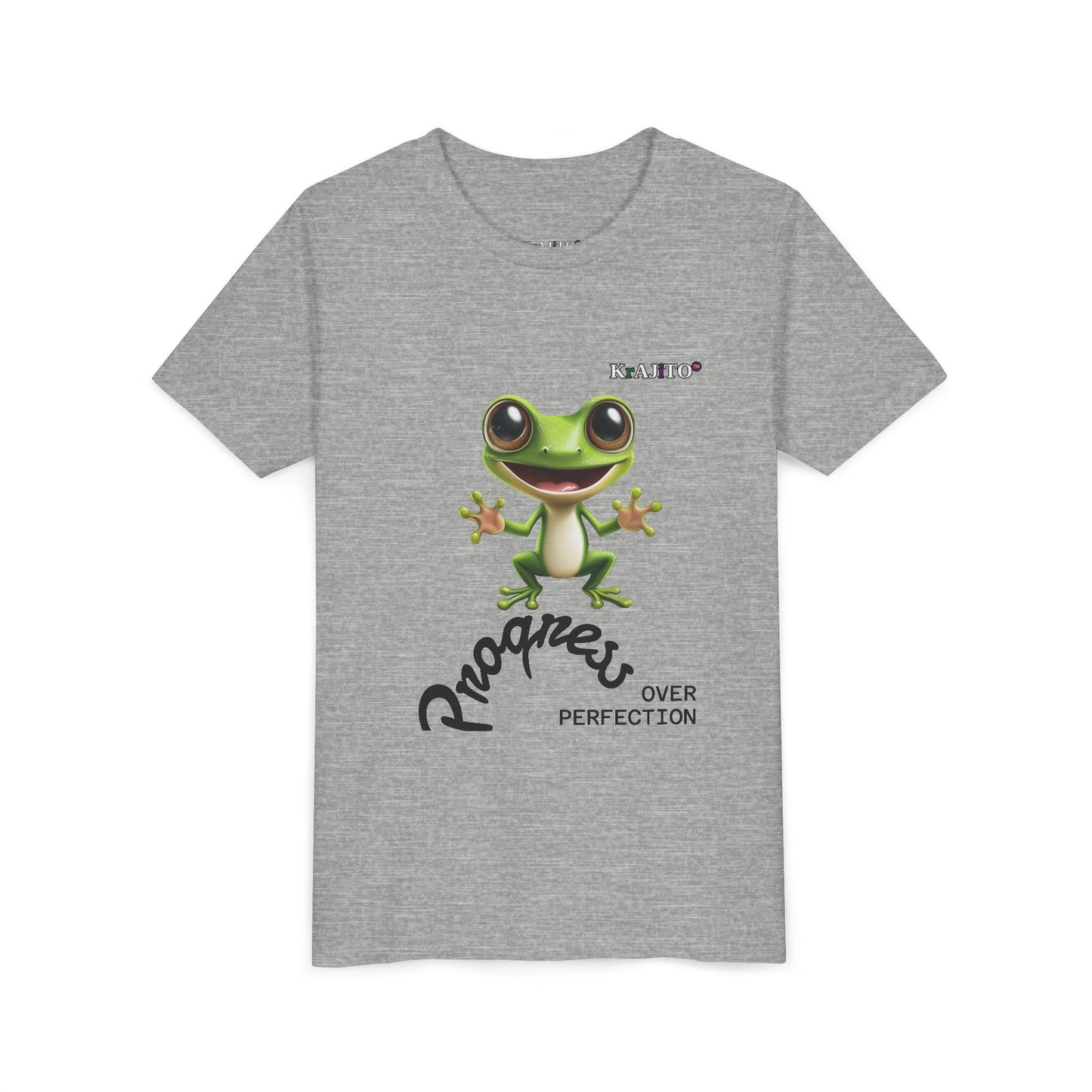 Progress Over Perfection Youth Tee, Hug, Coquí T-Shirt for Kids, Motivational Puerto Rican Design, Krajito Brand