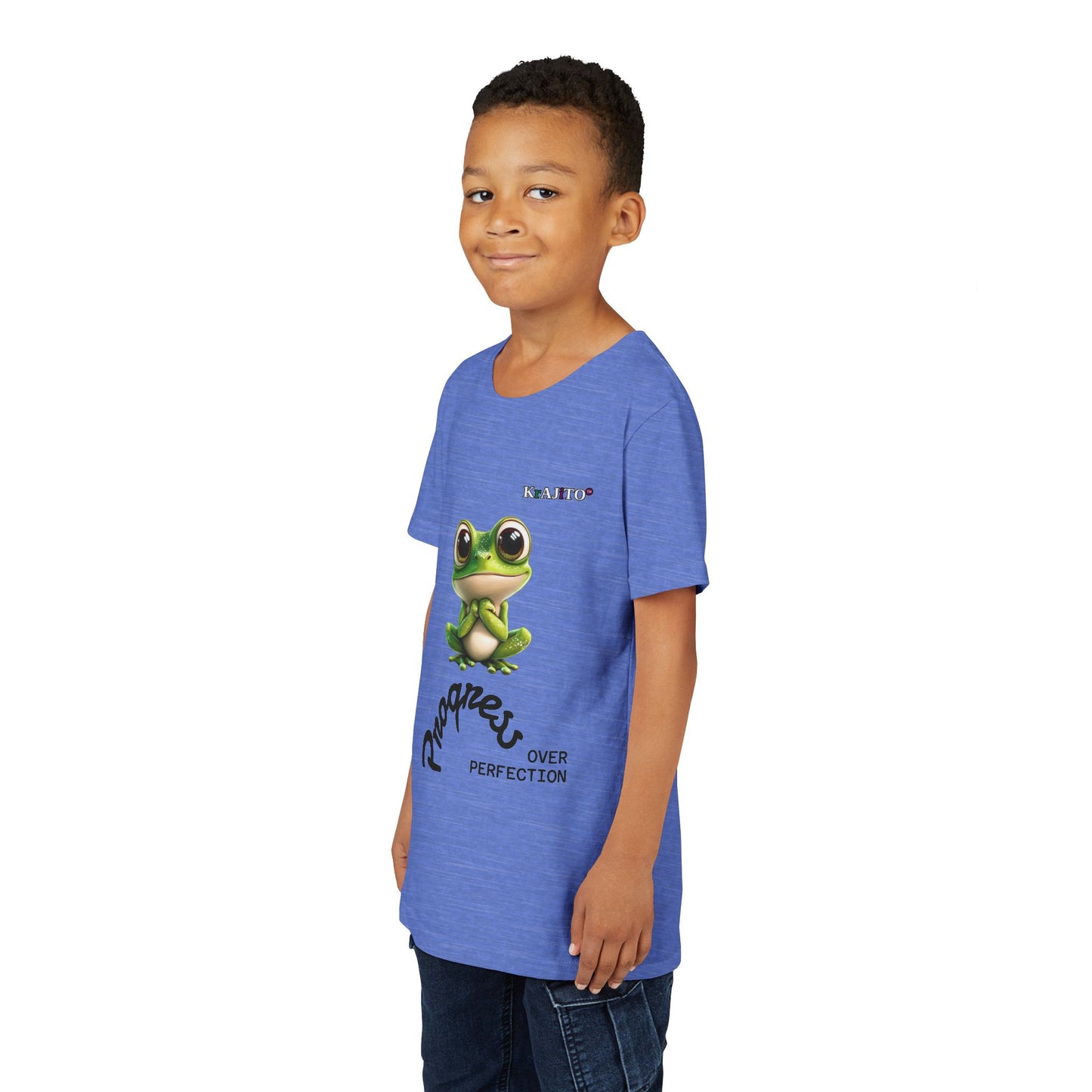 Progress Over Perfection Youth Tee, Cute, Coquí T-Shirt for Kids, Motivational Puerto Rican Design, Krajito Brand