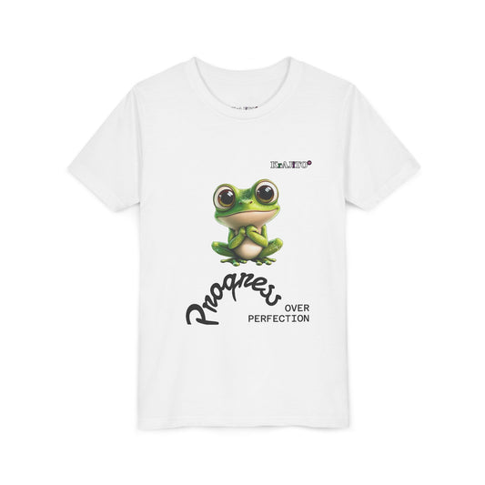 Progress Over Perfection Youth Tee, Cute, Coquí T-Shirt for Kids, Motivational Puerto Rican Design, Krajito Brand