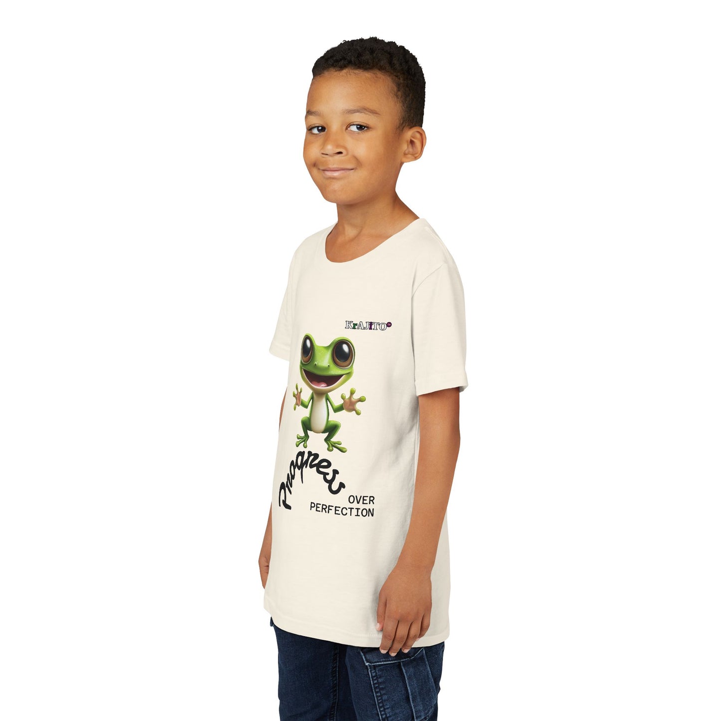 Progress Over Perfection Youth Tee, Hug, Coquí T-Shirt for Kids, Motivational Puerto Rican Design, Krajito Brand