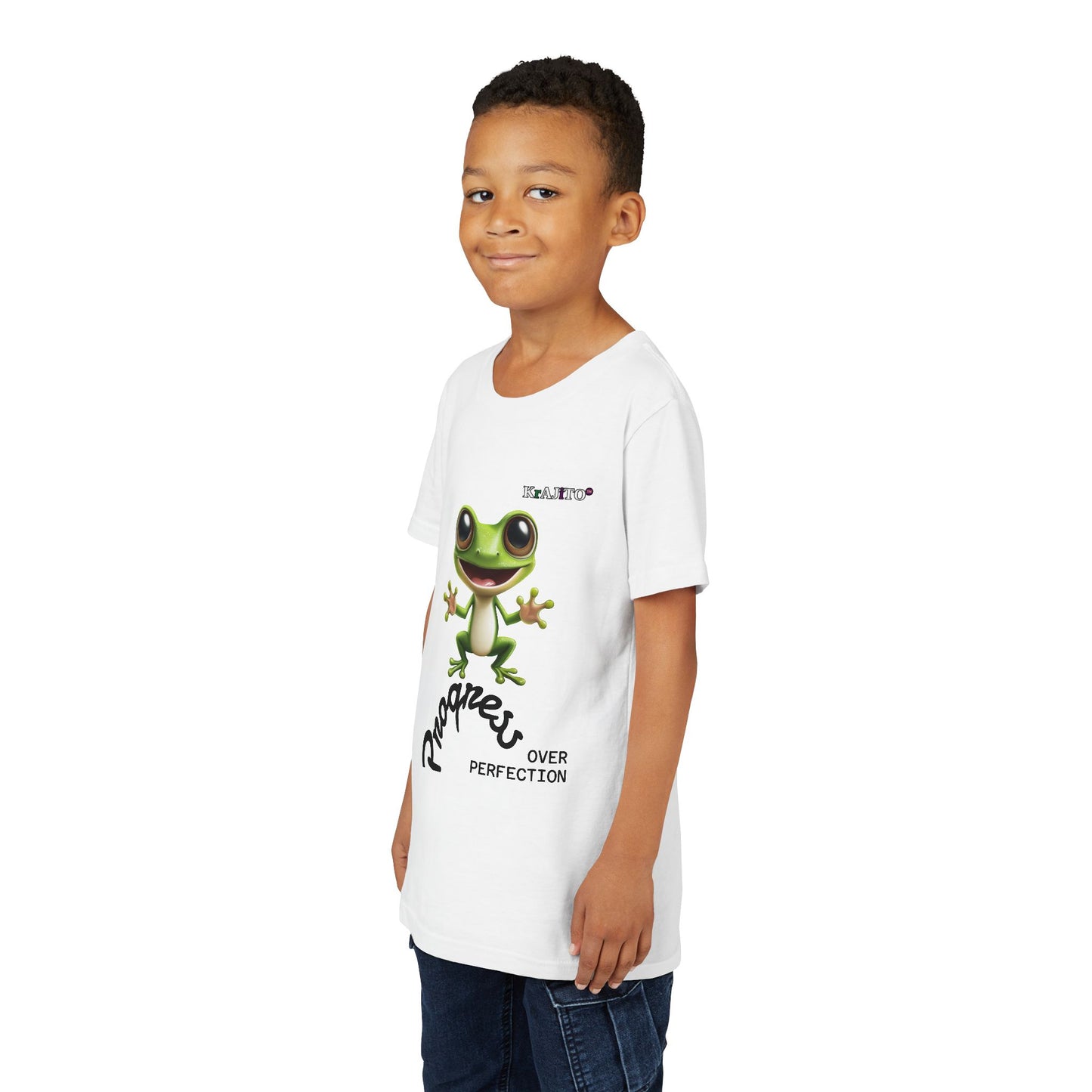 Progress Over Perfection Youth Tee, Hug, Coquí T-Shirt for Kids, Motivational Puerto Rican Design, Krajito Brand