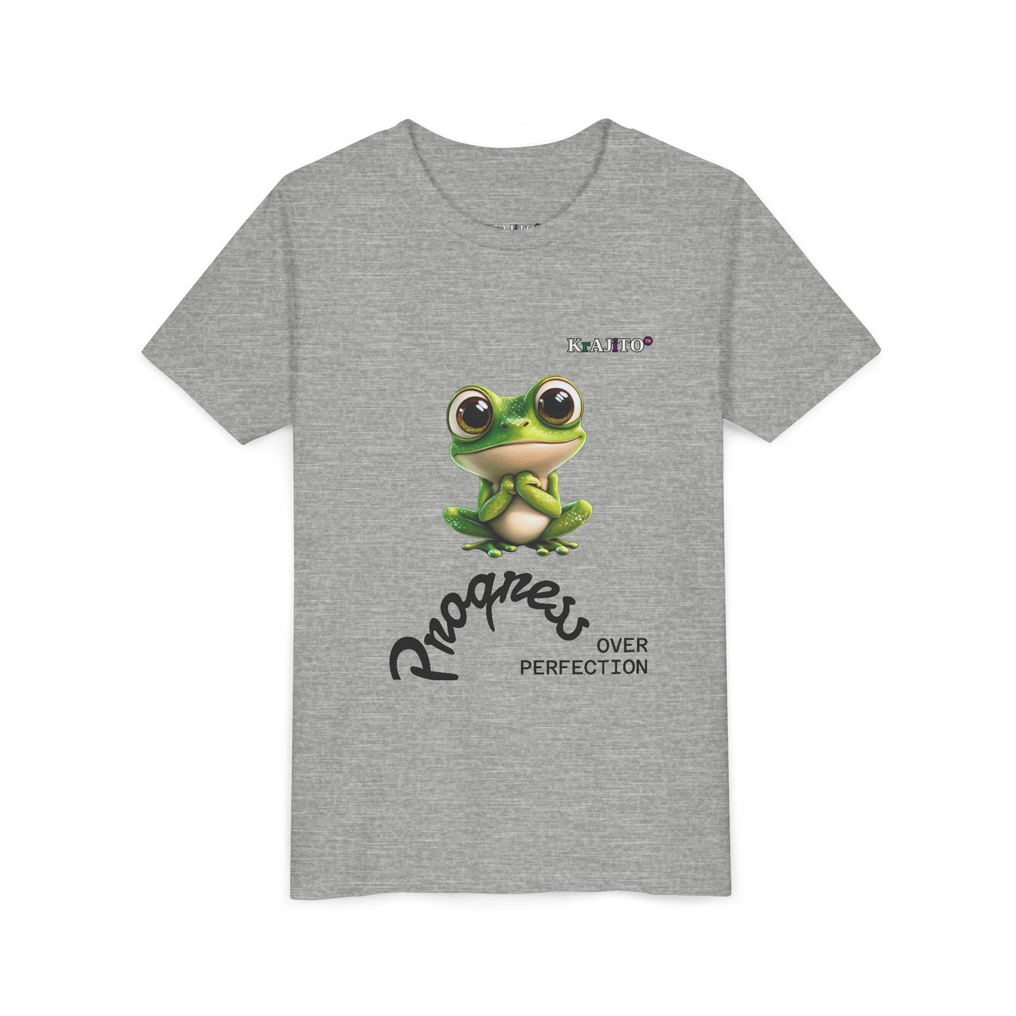 Progress Over Perfection Youth Tee, Cute, Coquí T-Shirt for Kids, Motivational Puerto Rican Design, Krajito Brand
