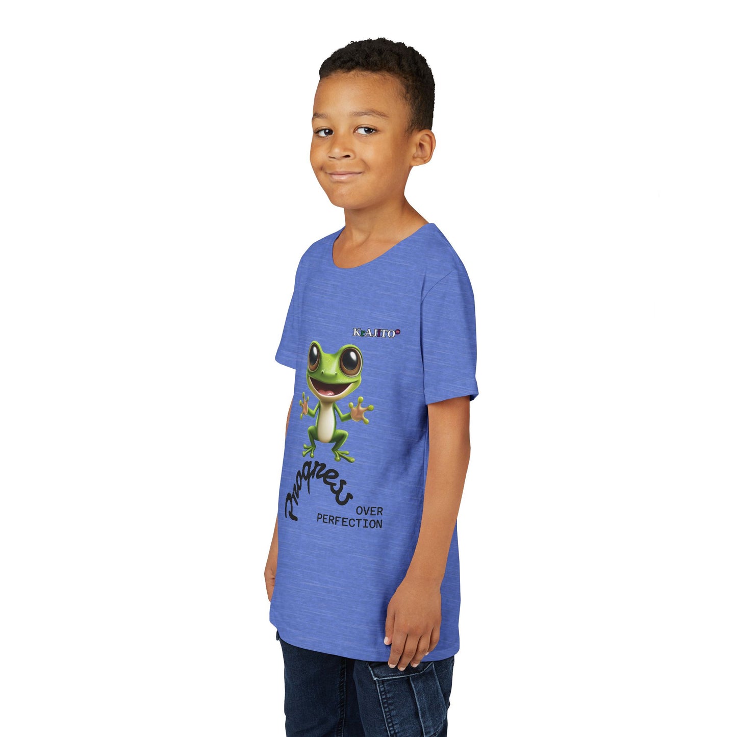 Progress Over Perfection Youth Tee, Hug, Coquí T-Shirt for Kids, Motivational Puerto Rican Design, Krajito Brand