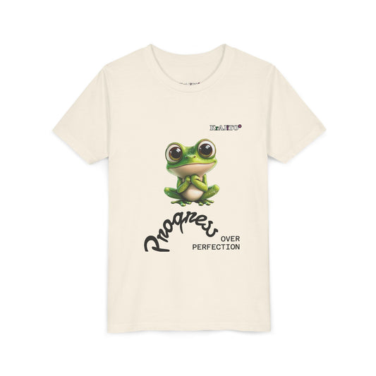 Progress Over Perfection Youth Tee, Cute, Coquí T-Shirt for Kids, Motivational Puerto Rican Design, Krajito Brand
