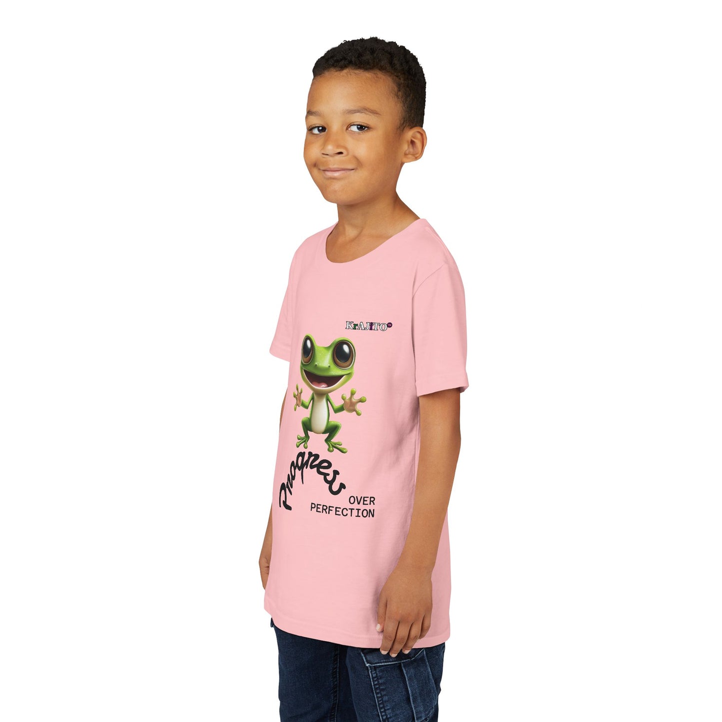 Progress Over Perfection Youth Tee, Hug, Coquí T-Shirt for Kids, Motivational Puerto Rican Design, Krajito Brand