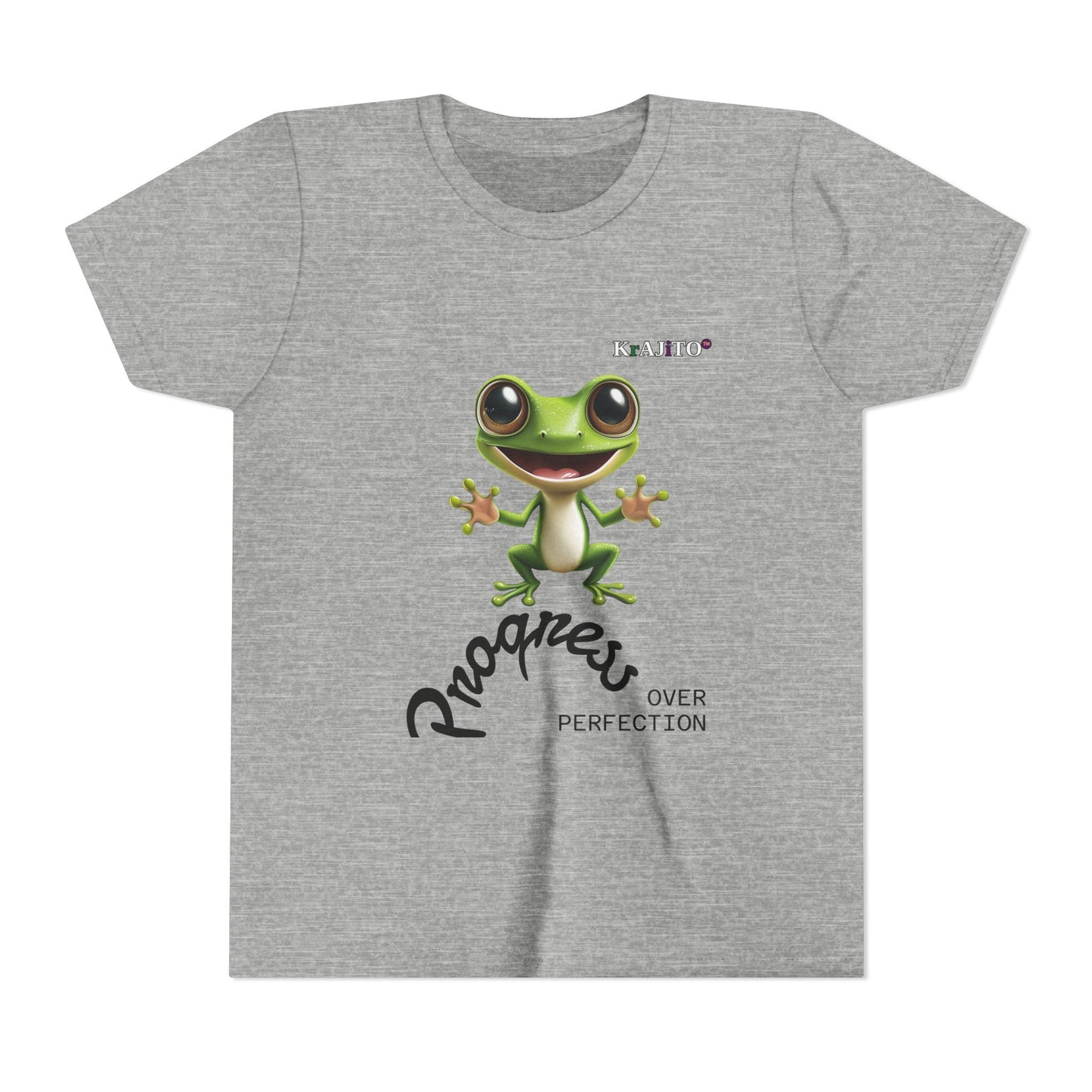 Progress Over Perfection Youth Tee, Hug, Coquí T-Shirt for Kids, Motivational Puerto Rican Design, Krajito Brand