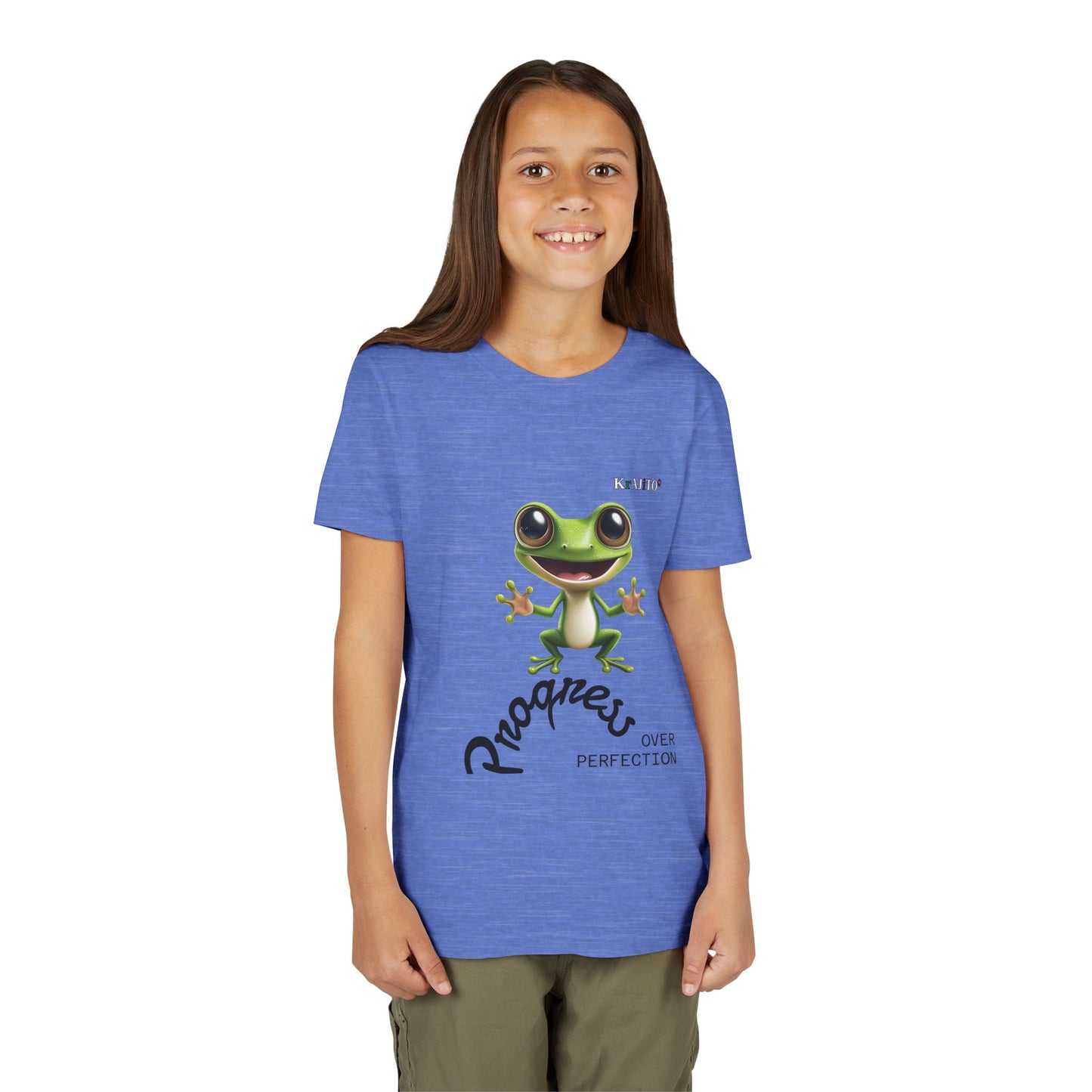 Progress Over Perfection Youth Tee, Hug, Coquí T-Shirt for Kids, Motivational Puerto Rican Design, Krajito Brand