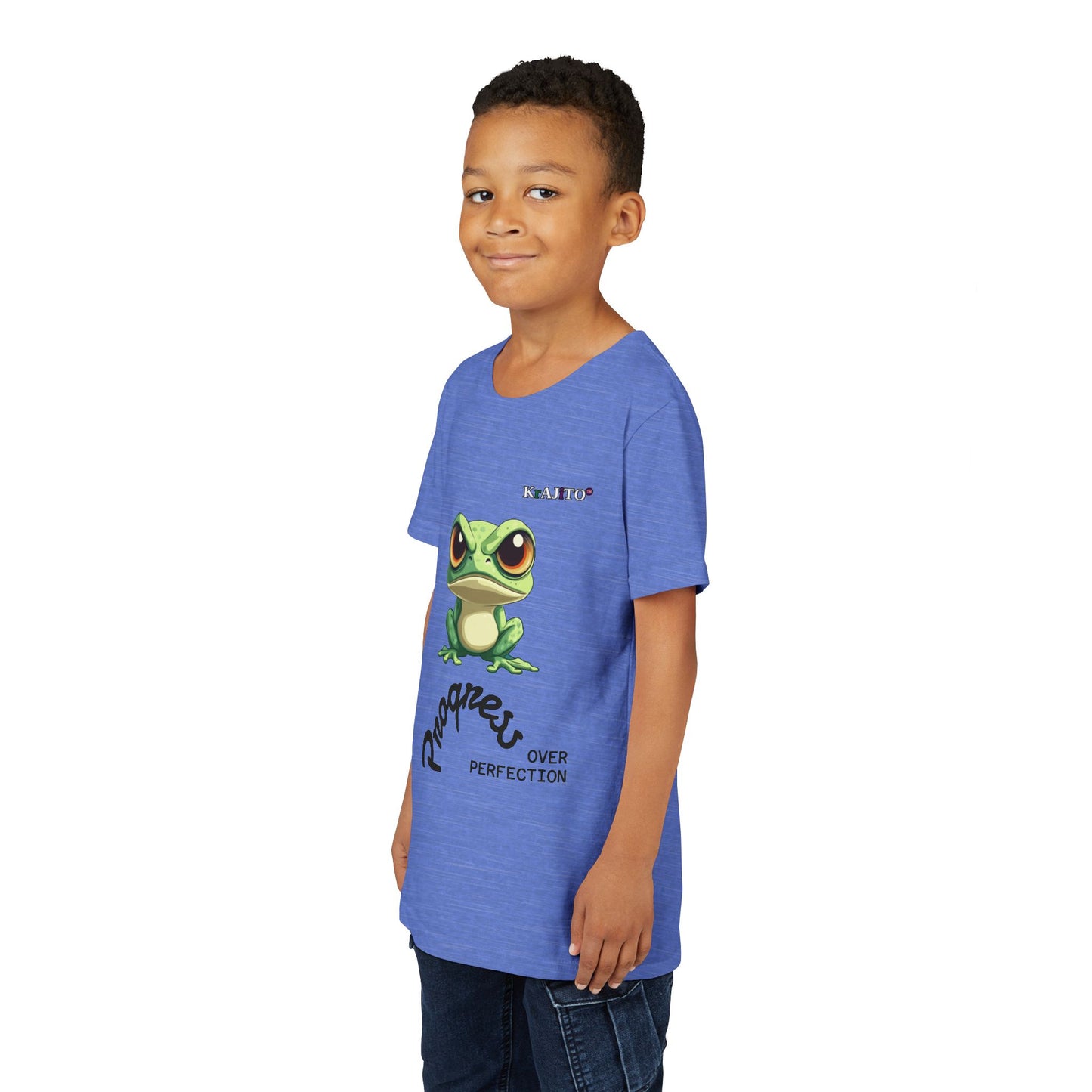 Progress Over Perfection Youth Tee, Coquí T-Shirt for Kids, Motivational Puerto Rican Design, Krajito Brand
