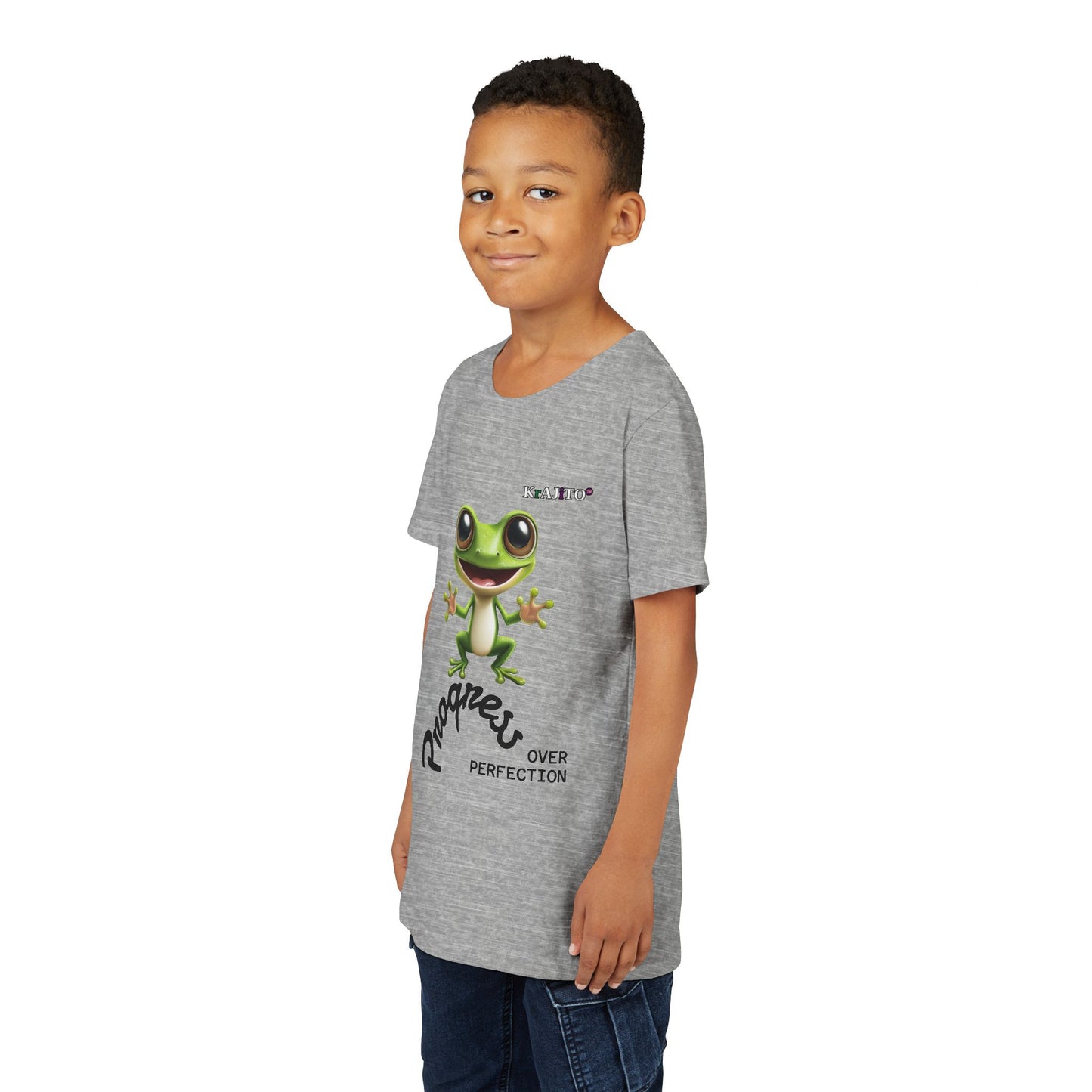 Progress Over Perfection Youth Tee, Hug, Coquí T-Shirt for Kids, Motivational Puerto Rican Design, Krajito Brand