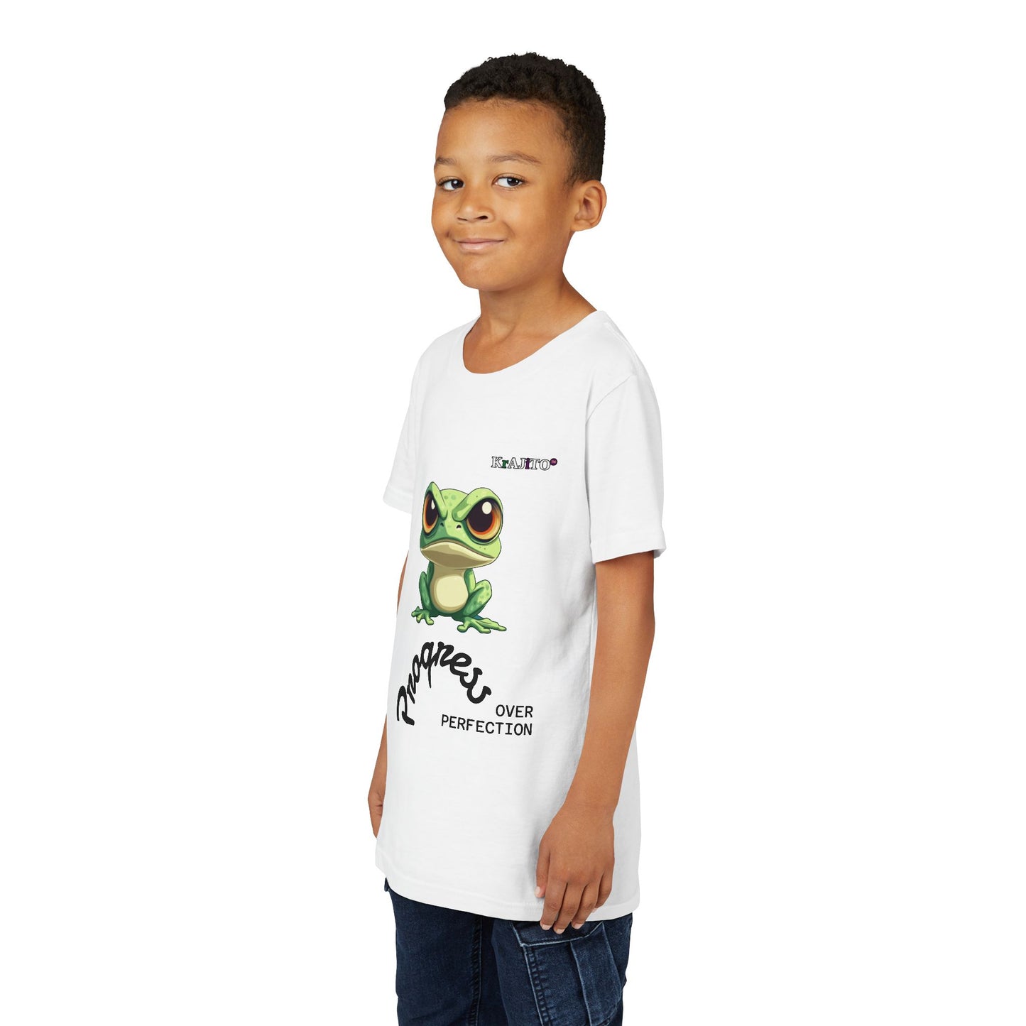 Progress Over Perfection Youth Tee, Coquí T-Shirt for Kids, Motivational Puerto Rican Design, Krajito Brand