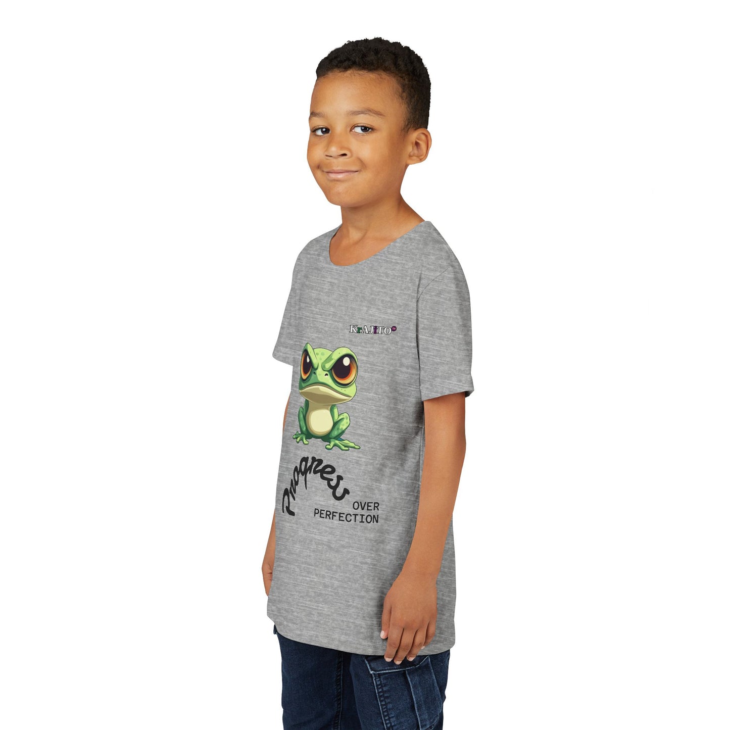 Progress Over Perfection Youth Tee, Coquí T-Shirt for Kids, Motivational Puerto Rican Design, Krajito Brand