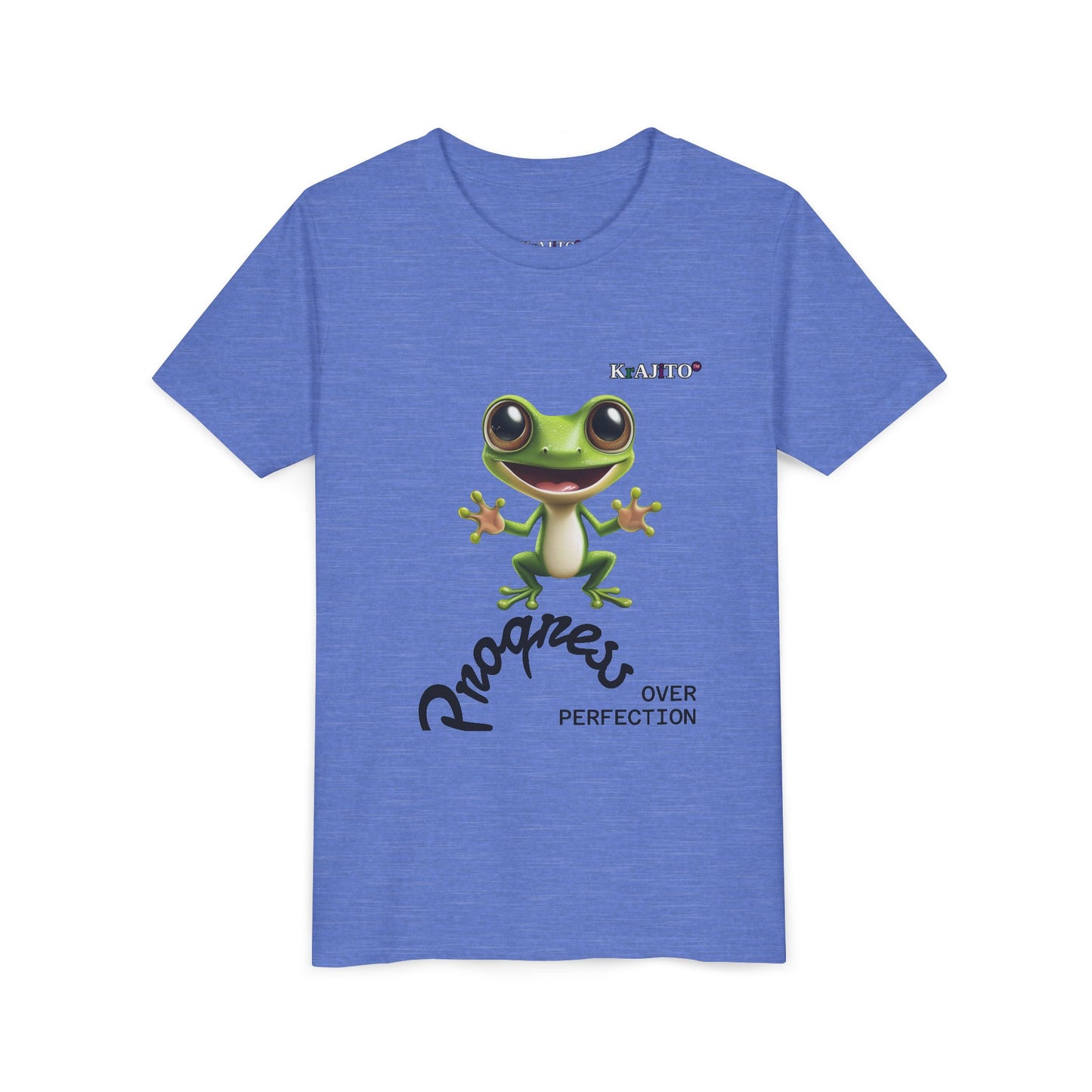 Progress Over Perfection Youth Tee, Hug, Coquí T-Shirt for Kids, Motivational Puerto Rican Design, Krajito Brand