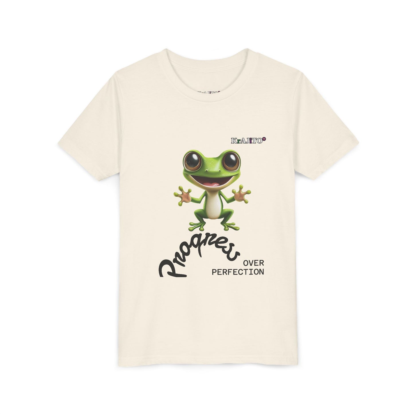 Progress Over Perfection Youth Tee, Hug, Coquí T-Shirt for Kids, Motivational Puerto Rican Design, Krajito Brand