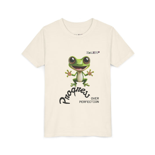 Progress Over Perfection Youth Tee, Hug, Coquí T-Shirt for Kids, Motivational Puerto Rican Design, Krajito Brand