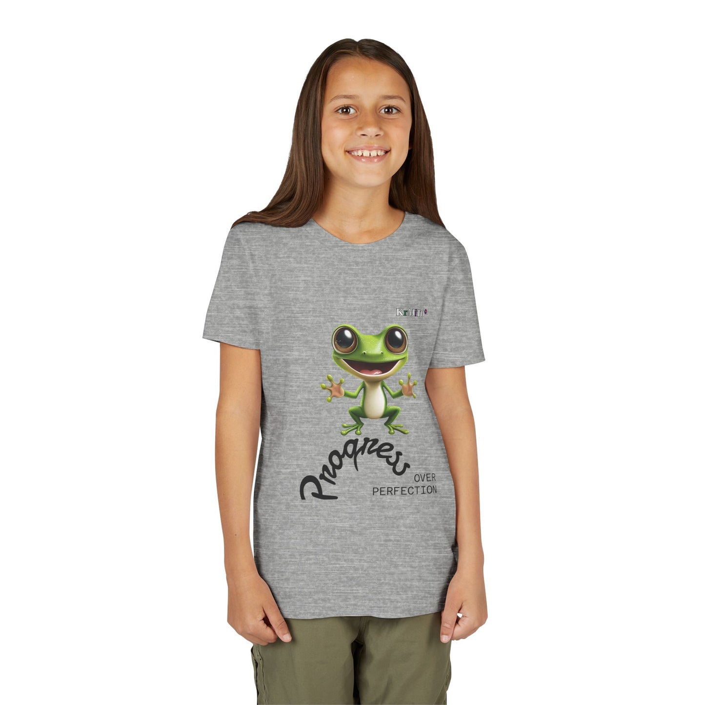 Progress Over Perfection Youth Tee, Hug, Coquí T-Shirt for Kids, Motivational Puerto Rican Design, Krajito Brand