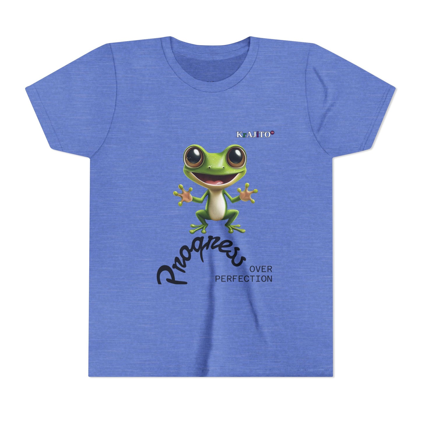 Progress Over Perfection Youth Tee, Hug, Coquí T-Shirt for Kids, Motivational Puerto Rican Design, Krajito Brand