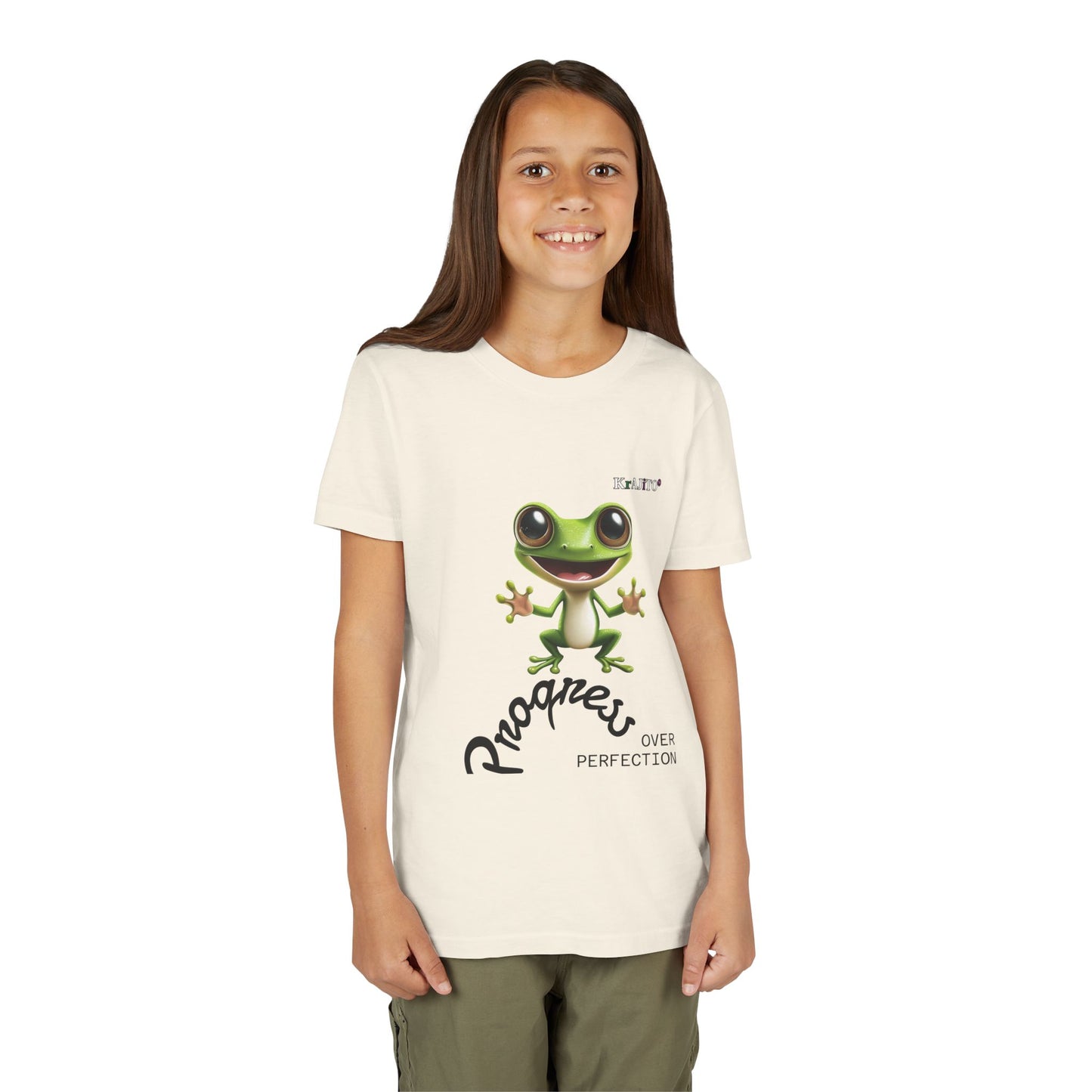 Progress Over Perfection Youth Tee, Hug, Coquí T-Shirt for Kids, Motivational Puerto Rican Design, Krajito Brand