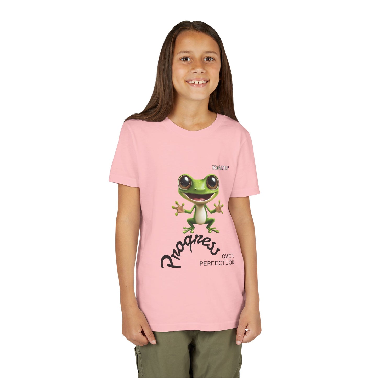 Progress Over Perfection Youth Tee, Hug, Coquí T-Shirt for Kids, Motivational Puerto Rican Design, Krajito Brand