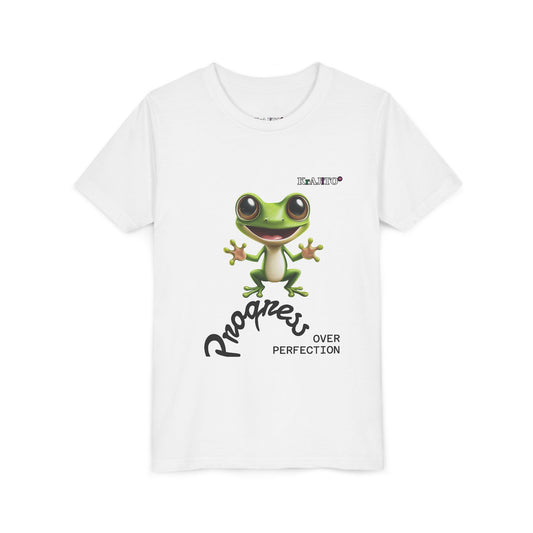 Progress Over Perfection Youth Tee, Hug, Coquí T-Shirt for Kids, Motivational Puerto Rican Design, Krajito Brand